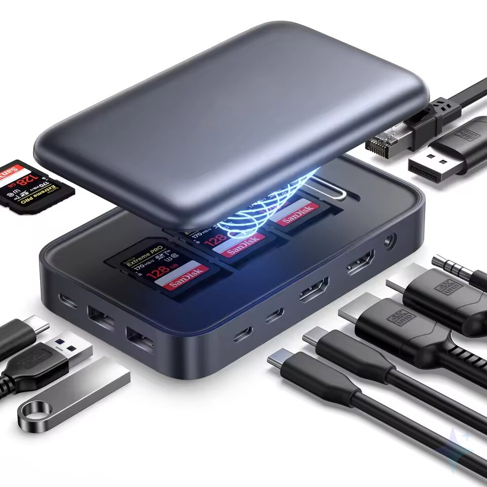 12-in-1 USB-C Docking Station – Triple Display Hub with 100W Charging & Built-In Adapter Storage
